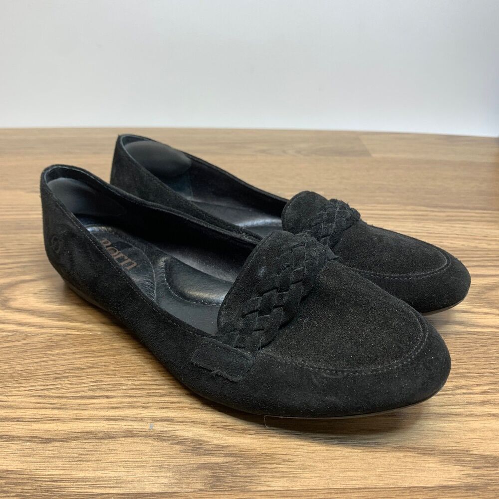 BORN Ballet Flat Womens Size 8.5 40 Black Leather Slip On Shoes‎ Braid Suede
